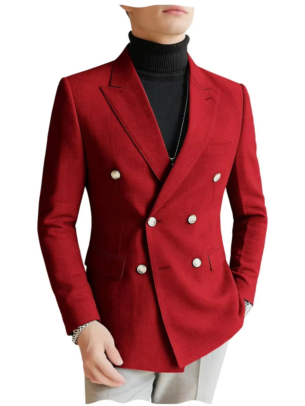 Men's Linen Blazer Double Breasted Peak Lapel Slim Fit Lightweight Breathable Cool Fashion Formal Jacket For Summer Business