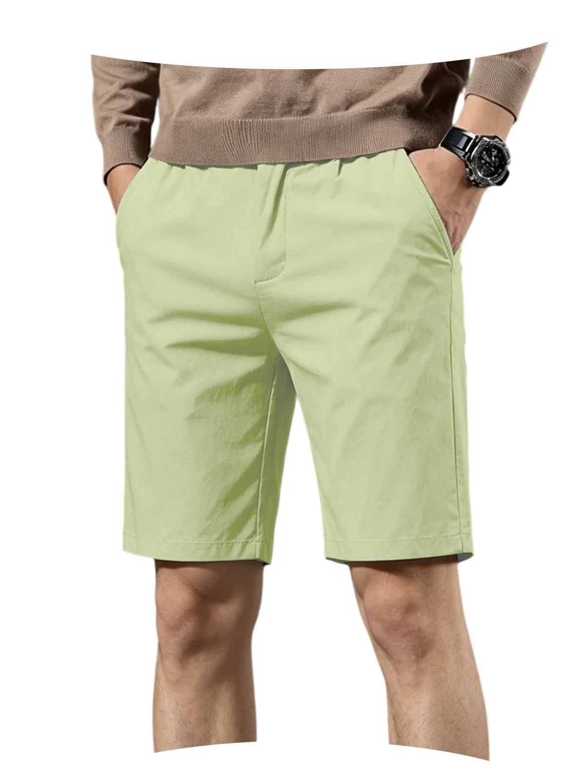 Men Cotton Solid Knee Length Bermuda Shorts Straight Chino Shorts Front Back Pockets Breathable Summer Beach Daily Casual Shorts