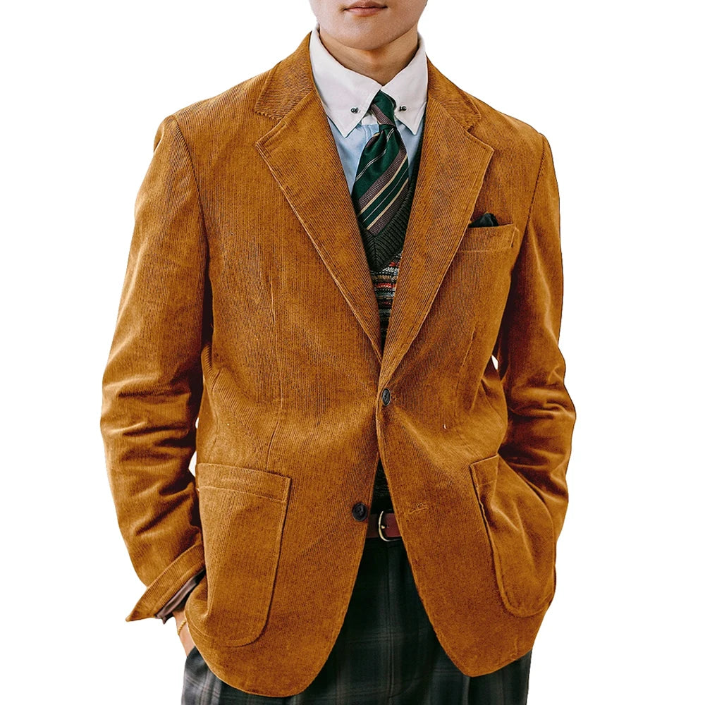 Men's Corduroy Blazer British Style Notched Lapel Casual Slim Fit Suit Jacket For Business Wedding Daily Wear Party