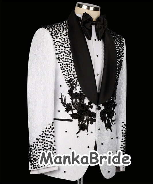 Luxury Wedding Tuxedo White Formal Groom Men Suits 3pcs Slim Fit  Appliques Crystals Tailored Made Prom Party Suit for Male