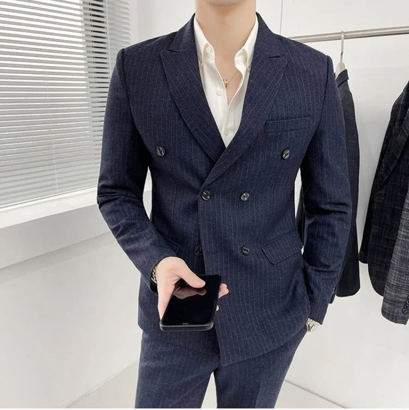 Boutique Men's Plus Size (suit + Trousers) Fashion Business Double-breasted Korean Dress British Style Formal Dress Casual Suit