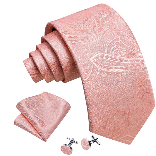 Barry.Wang Peach Salmon Coral Pink Silk Men Tie Handkerchief Cufflink Set Jacquard Paisley Floral Necktie Male Wedding Business