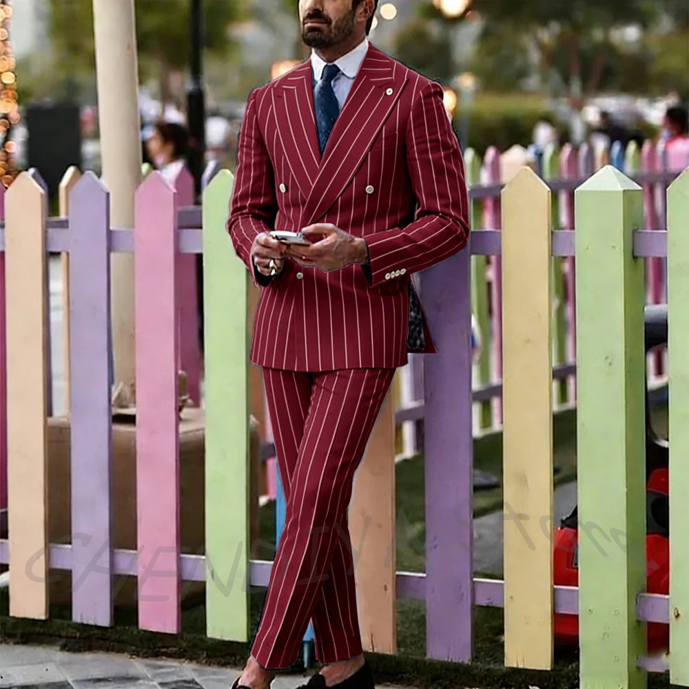 Light Purple Striped Men Suit England Style Peaked Lapel Double Breasted Classic Male Clothing Wedding Groom Tuxedo Custom Set
