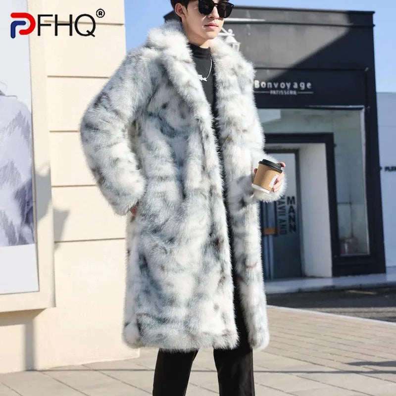 PFHQ Long Knee Length Faux Fur Coat Turn-down Collar 2024 Korea Fashion Contrast Color Long Sleeve Male Tops Jacket 21Z5563