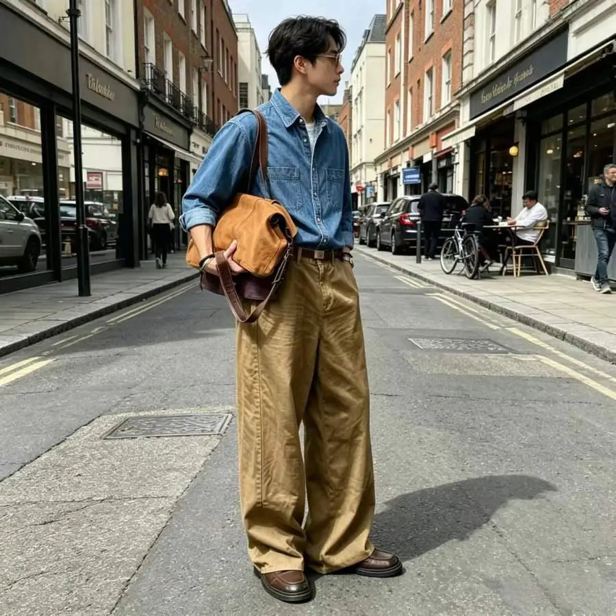 Men's Wide Leg Pants Casual Loose Fit Chino Trousers Vintage Streetwear Baggy Trousers for Daily Wear