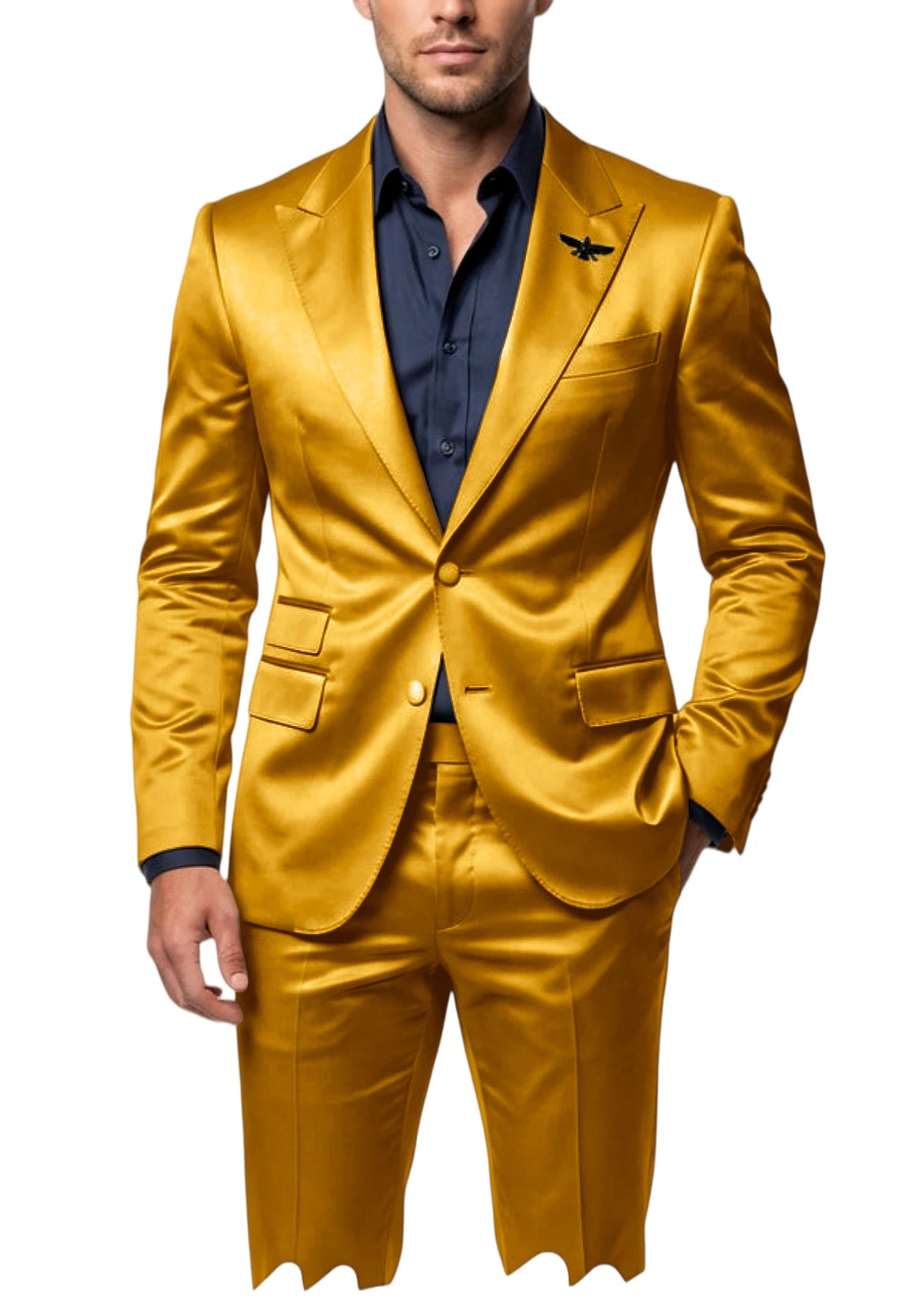 Men's Satin 2-Piece Suit Set Slim Fit Peak Lapel Tuxedo Blazer With Straight Leg Pants For Wedding Party Formal Wear