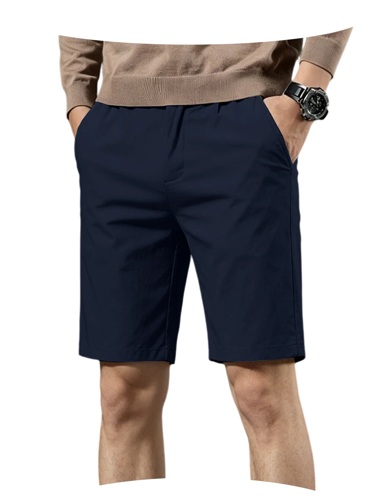Men Cotton Solid Knee Length Bermuda Shorts Straight Chino Shorts Front Back Pockets Breathable Summer Beach Daily Casual Shorts