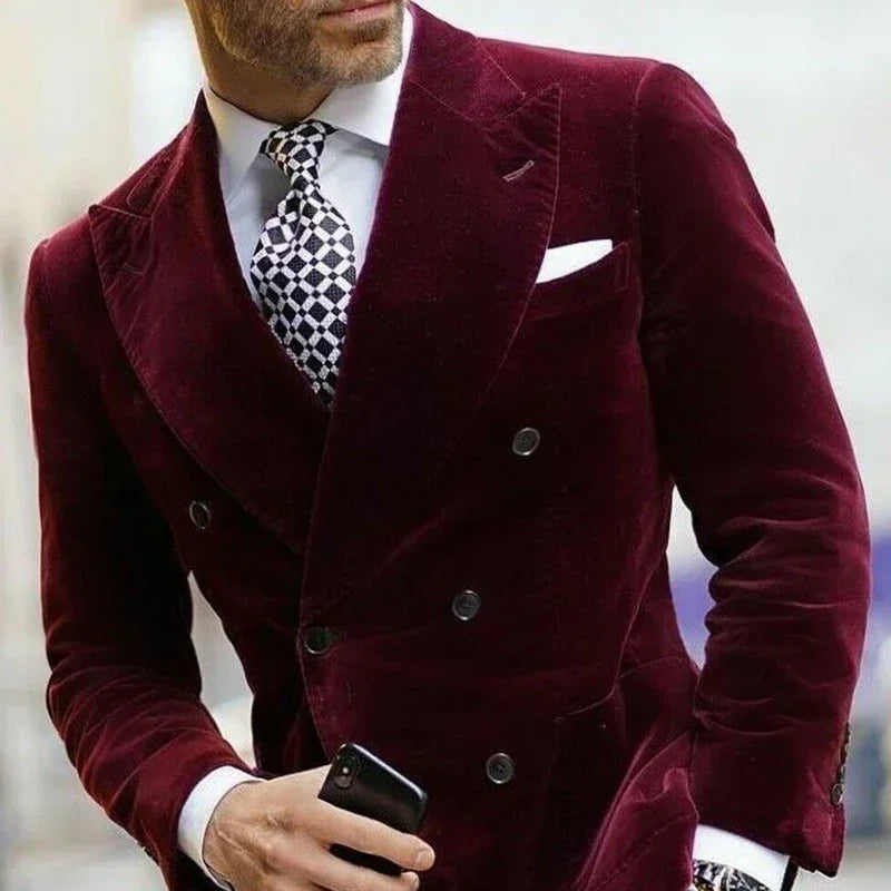 Velvet Blazer For Men Double Breasted Burgundy Smoking Jacket Elegant Dinner Party Suit Coat 1 PC 2025