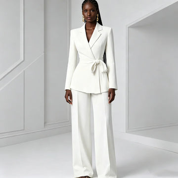 White Pants Suit Woman Luxury 2 Piece Suit For Women Blazer Wide Leg Pants Smart Casual Female Suits Conjuntos De Pantalone
