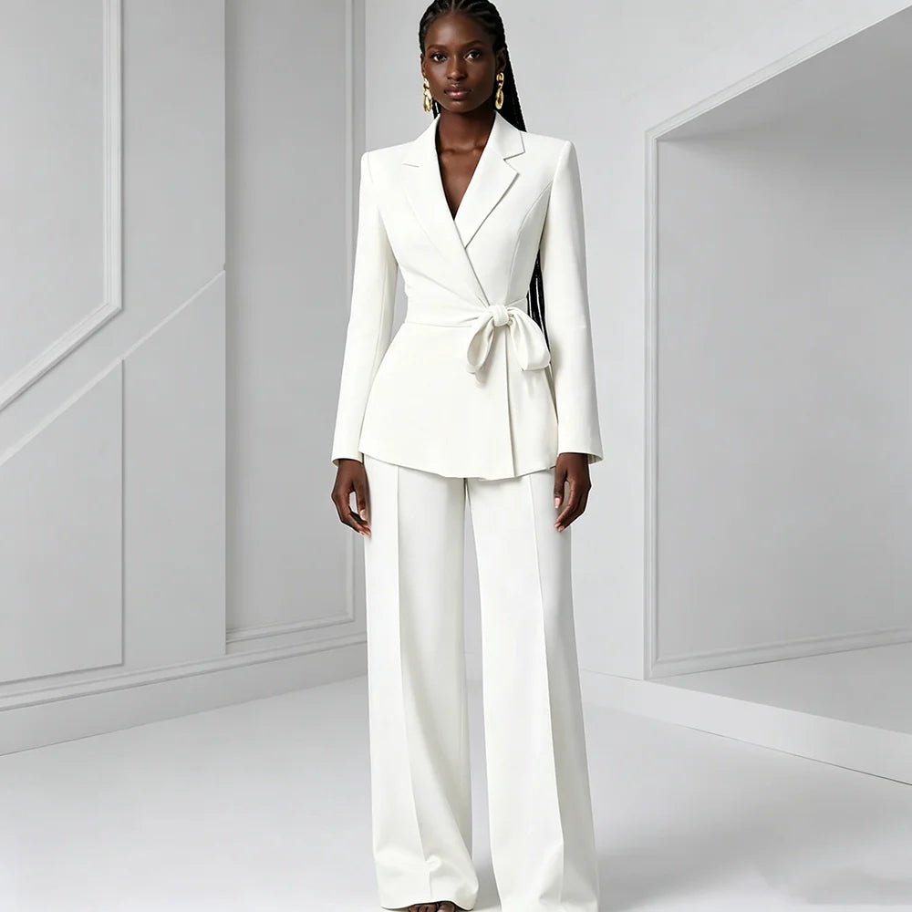 White Pants Suit Woman Luxury 2 Piece Suit For Women Blazer Wide Leg Pants Smart Casual Female Suits Conjuntos De Pantalone