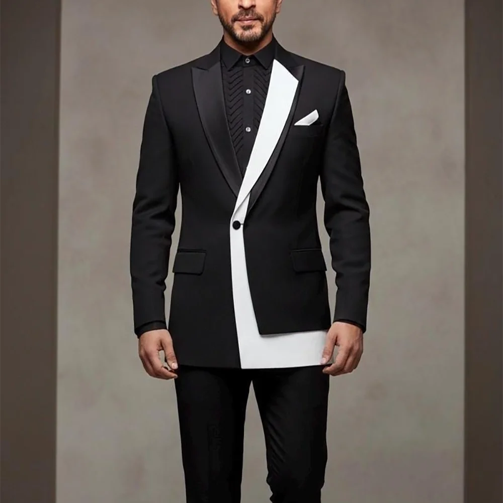 Slim Fit Men's Suit Peaked Lapel Contrast Color Single Button Business Meeting Smart Casual Two Pieces Set Jacket with Pants