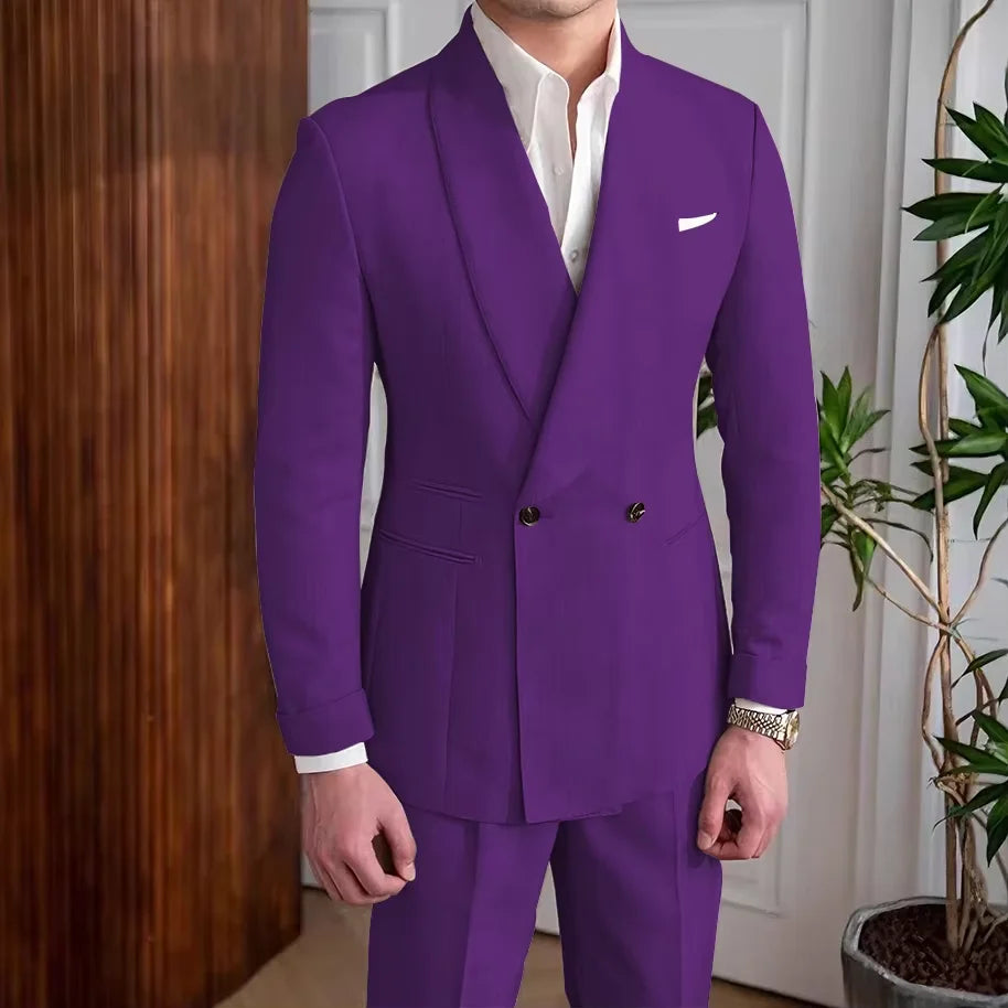 Men's Linen Suit 2-Piece Khaki Shawl Collar Double-Breasted Slim Fit Breathable Jacket and Pants Formal Set for Summer Business