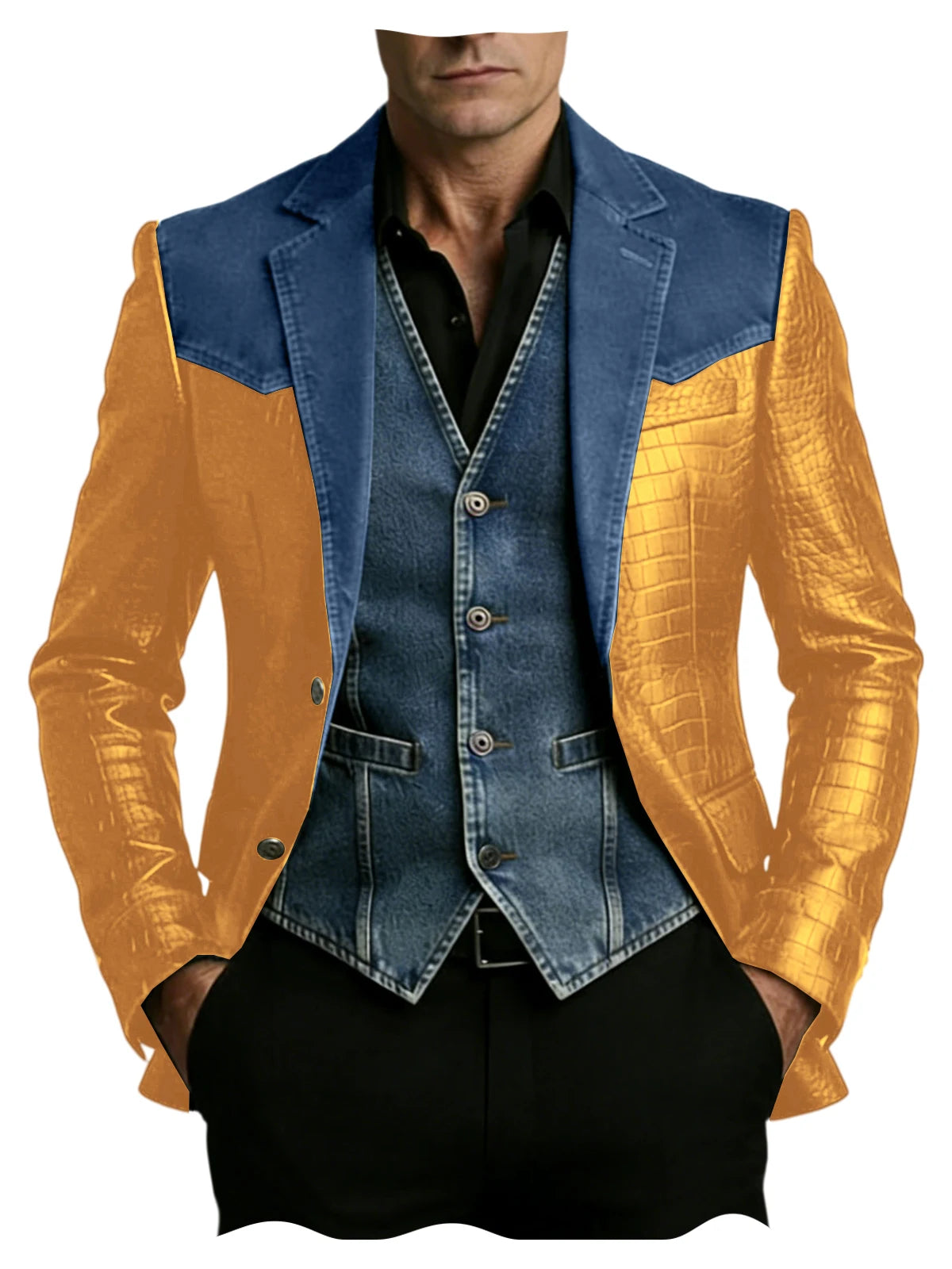 Men's Blazer Luxury Crocodile Embossed Leather Patchwork Denim Suit Jacket Notched Lapel Western Cowboy Party Casual Streetwear