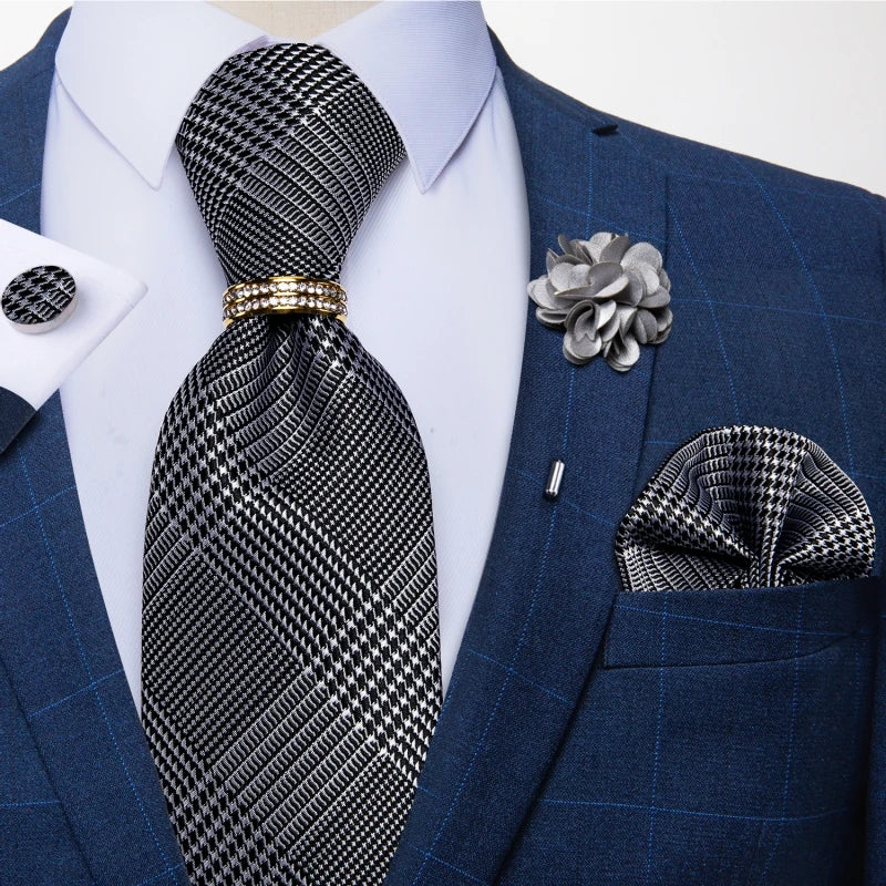 8cm Men Silk Tie White Solid Necktie Men's Formal Wedding Party Ties Cufflinks Hanky Flower Brooch Set Men Gift Corbatas DiBanGu
