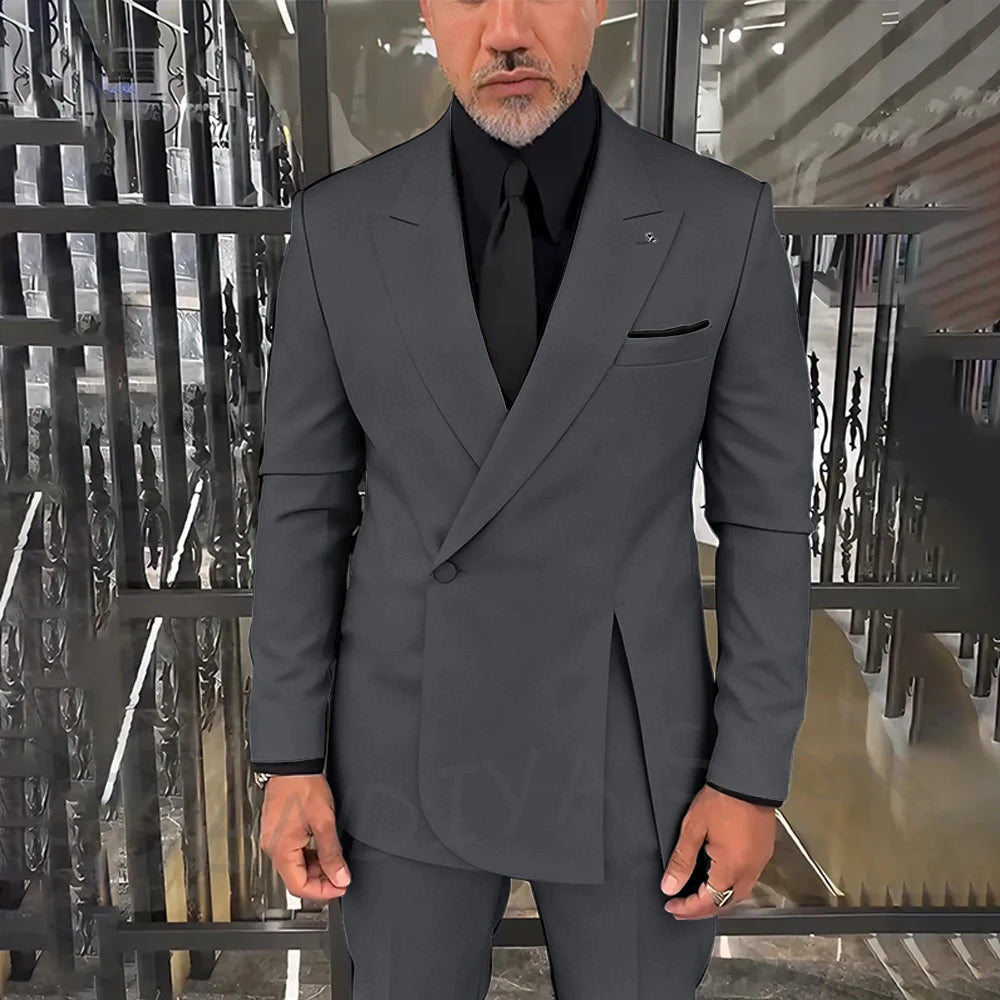 Classic Black Men Suits Single Button Double Split Formal Blazer Business Casual Party Prom Wedding Set 2 Piece Jacket Pants