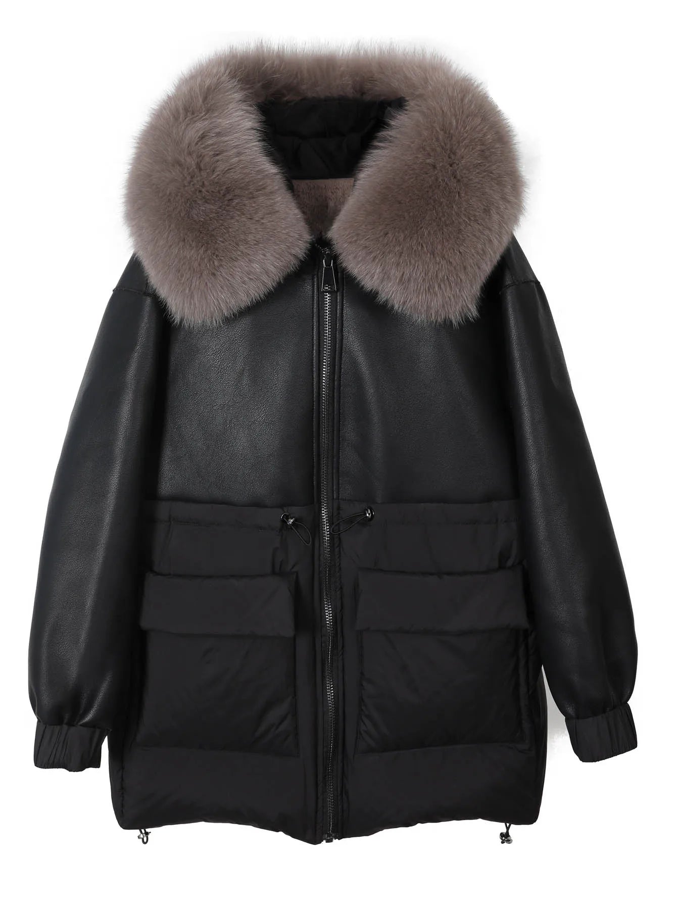 Maomaokong Real Fox Fur Collar Women's Winter Down Jacket Black Soft Faux Leather Fabric Patching Cool Oversized Zipper Fashion
