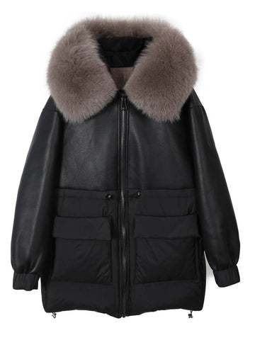 Maomaokong Real Fox Fur Collar Women's Winter Down Jacket Black Soft Faux Leather Fabric Patching Cool Oversized Zipper Fashion