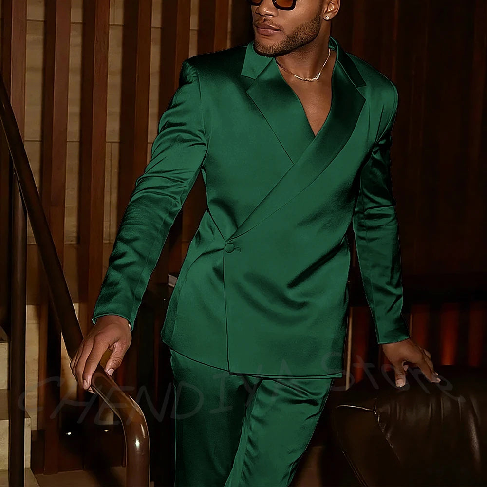 Fashion Notch Lapel Satin Men Suit High Quality Single Button Slim Fitted Outfit Jacket Pants Model Show Party Prom Male Set