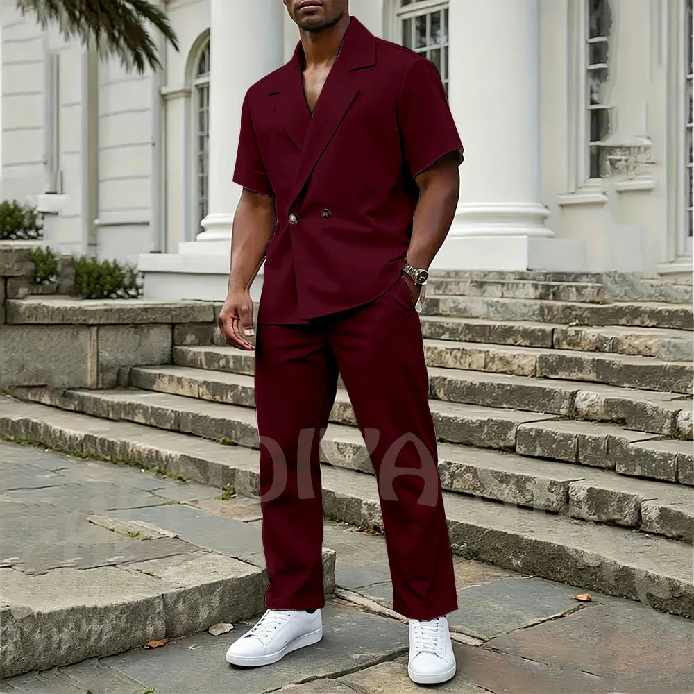 Stylish Men's 2 Piece Sets Notch Lapel Double Button Short Sleeves Blazer Suit Straight Fit Summer Casual Fashion Outfit
