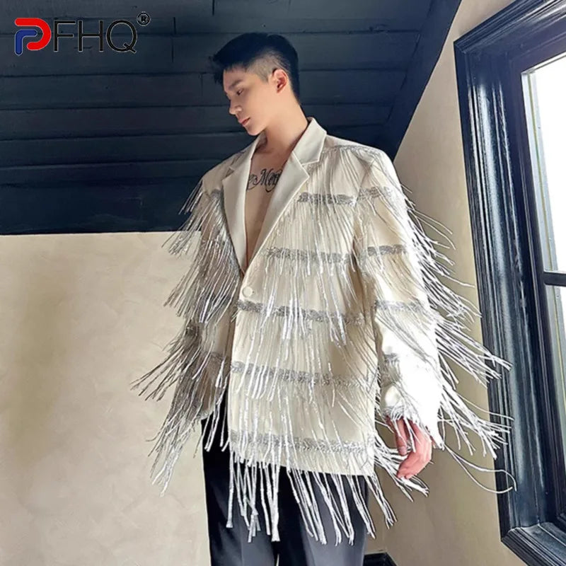 PFHQ Autumn Winter Personalized Tassel Sequin Double-layer Mesh Design Lapel Casual Suit Trendy Solid Color Male Blazer 21Z7021