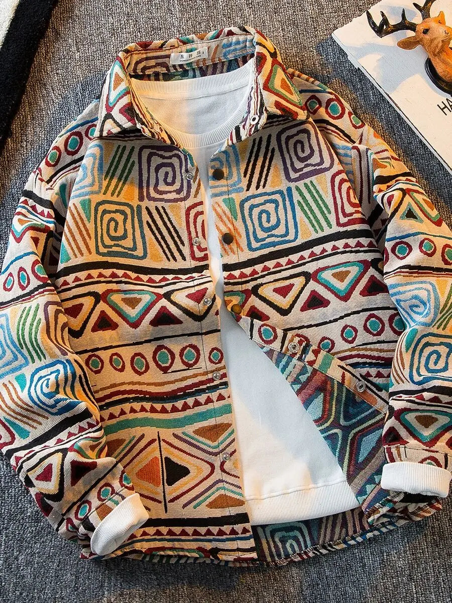 Vintage Ethnic Style Knitted Shirt Men's High-end Feeling Autumn Handsome Shirt Jacket Long Sleeved Casual Vintage Shirt Coat