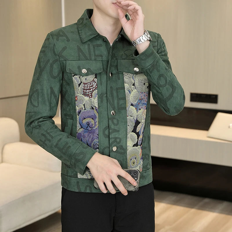 Men's Print Jacket Lapel Collar Long Sleeve Formal Jacket Cargo Outerwear Coats man Sping Autumn Casual Coat