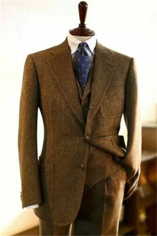 Brown Wool Tweed Men Suits For Wedding Business Formal Groom Tuxedo Herringbone Male Fashion 3 Piece Suits (Jacket+Vest+Pants)