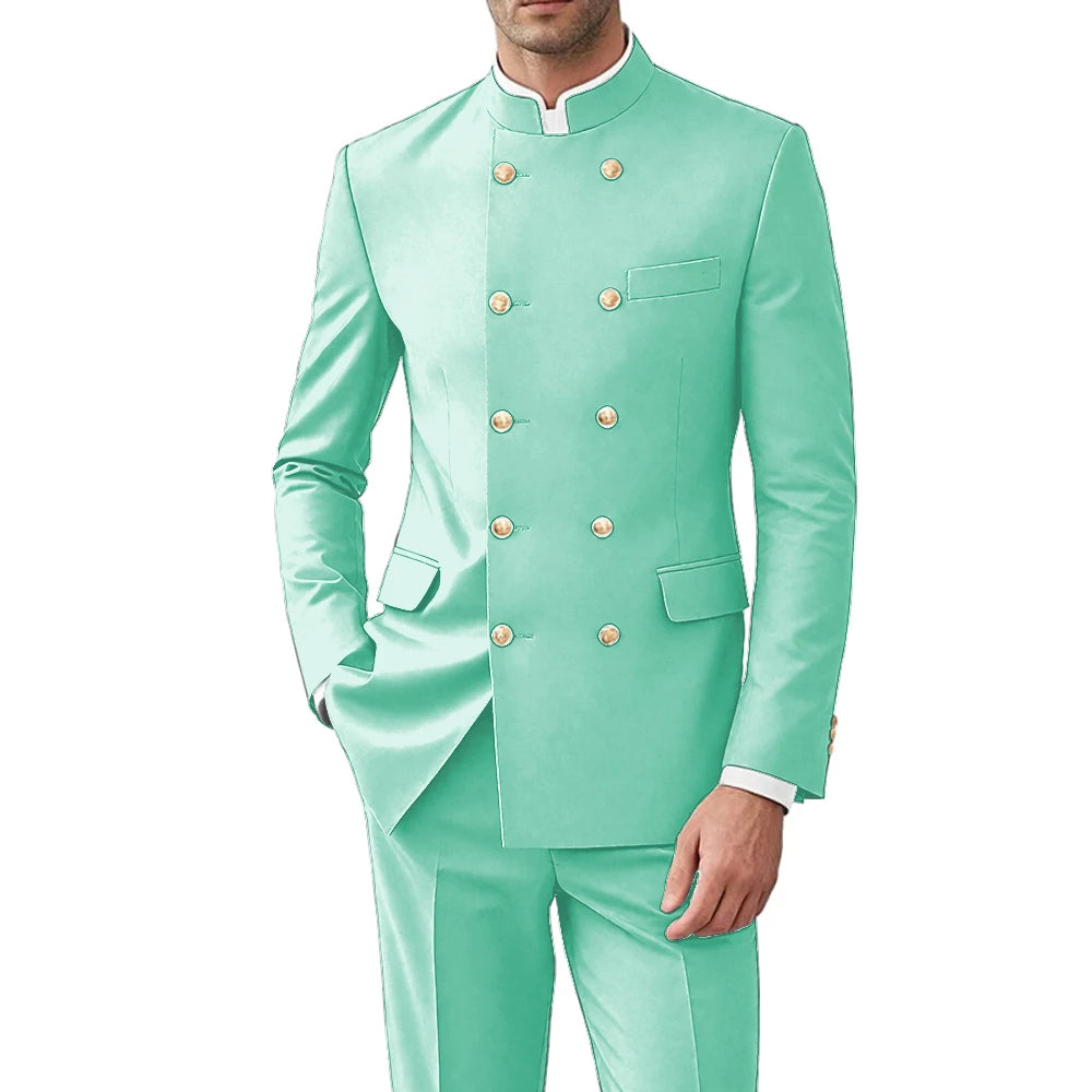 Solid Color Men Suits Formal 2 Pieces Double Breasted Stand Collar Balzer Pants Formal Party Business Wedding Set Customized