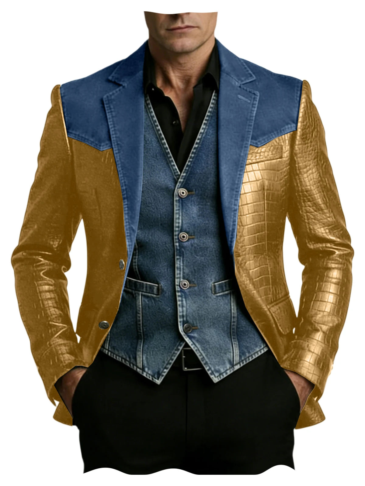 Men's Patchwork Denim & Crocodile Leather Blazer Two-Tone Western Style Suit Jacket Vintage Casual Fashion Coat