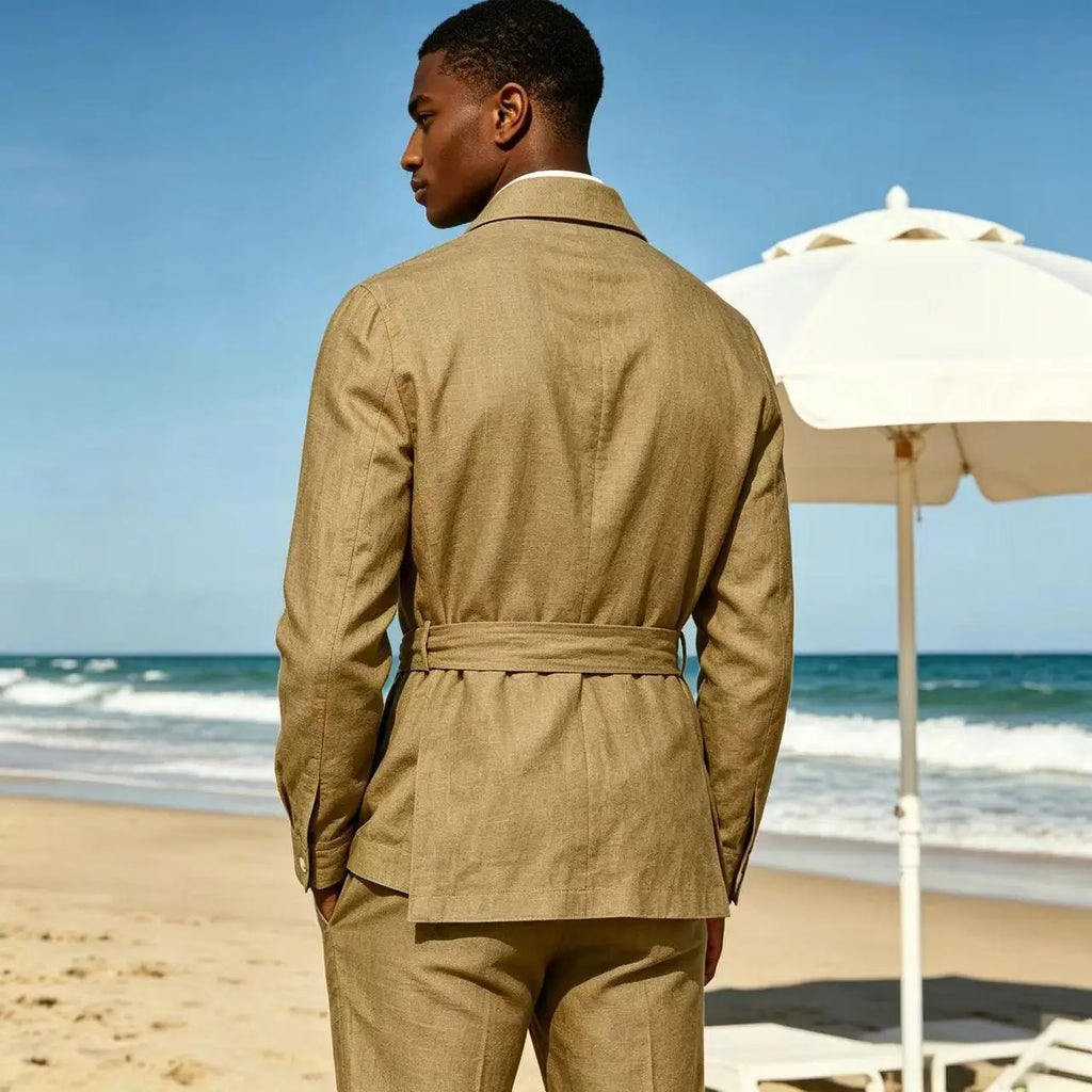 Men's Linen Belted Suit 2 Piece Set Casual Breathable Blazer & Pants Summer Lightweight Business Casual Outfit for Wedding Beach