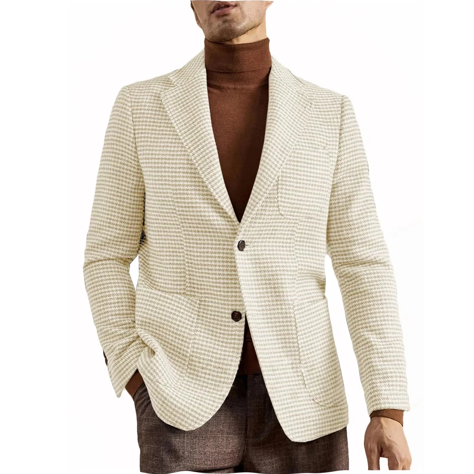 Men's Houndstooth Blazer Luxury Peak Lapel Slim Fit Wool Blend Suit Jacket For Classic Business Casual Fall Winter with Pockets