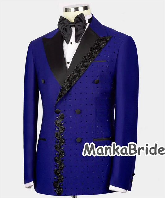 Luxury Blue Groom Tuxedo with Crystal Double Breasted Blazer Pants Formal Party Men's Suit 2pcs Men's Clothing Conjunto hombre