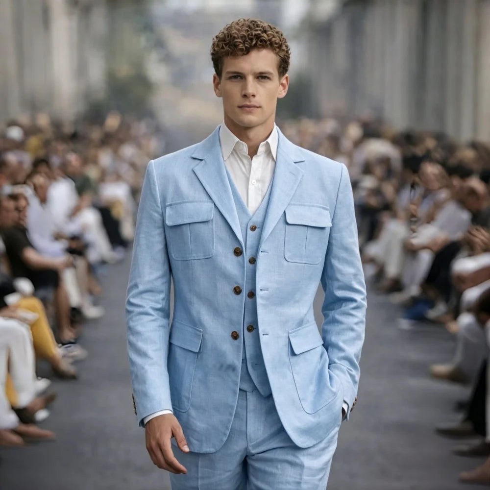 Linen Summer Three Pieces Safari Suit Separates Blazer with Vest Pants for Men Wedding Groom Tuxedo Terno Masculino Men Suit Set