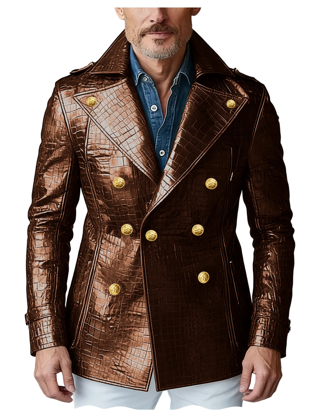 Men's Crocodile Embossed Leather Blazer Double Breasted Trench Coat Wide Lapel Gold Button Slim Fit Jacket For Four Season