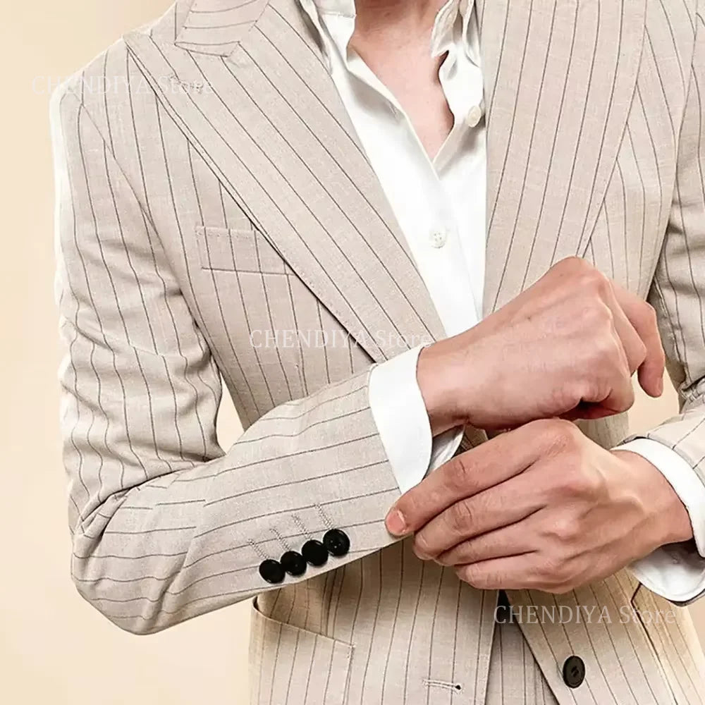 Elegant Striped Men Suit 2 Piece Fashion Single Breasted Peak Lapel Costume Homme Business Casual Daily Office Male Jacket Pants