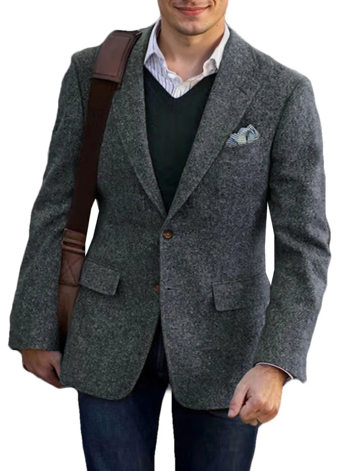 Men's Tweed Blazer Notched Lapel Wool Blend With Elbow Patches Casual Suit Jacket For Business Wedding Daily Wear Party