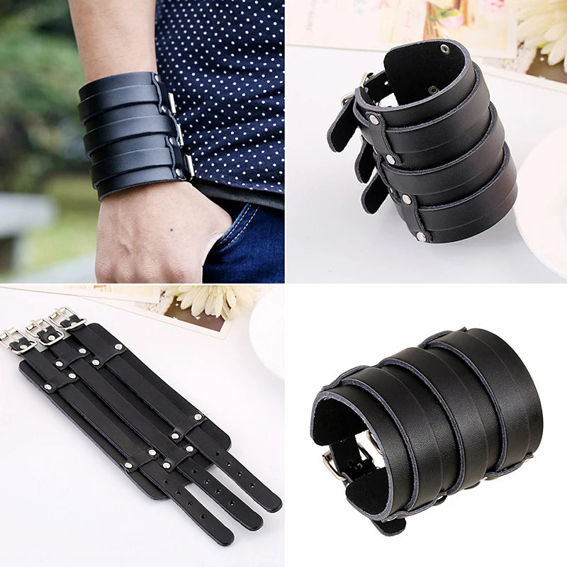 New Fashion Genuine Leather Wide Cuff Bangles Punk Vintage Three Layers Wide Black Brown Men Jewelry Bracelets