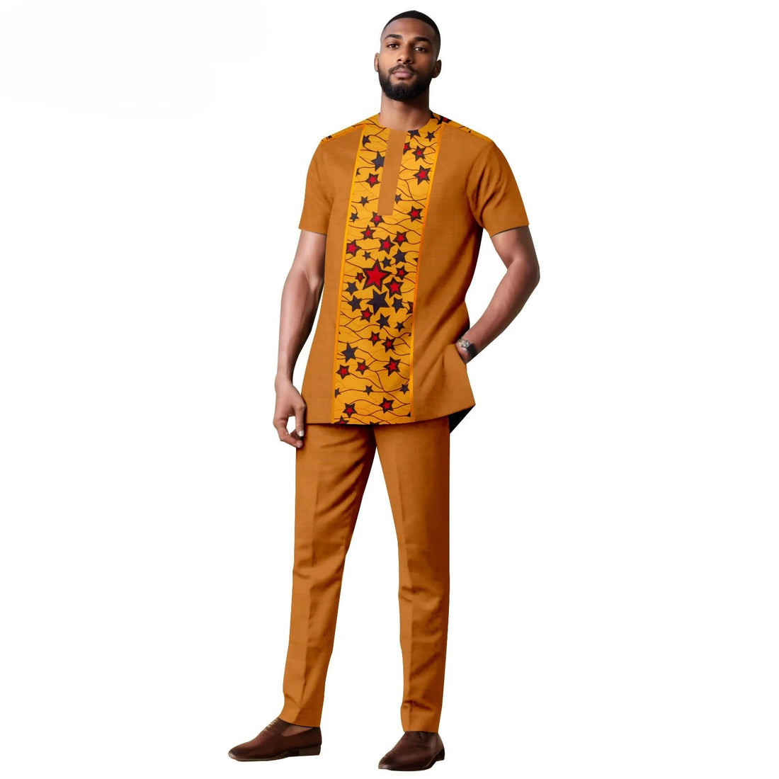 African Clothes for Men Short Sleeve Embroidery Printed Shirts and Pants 2 Piece Set Kaftan Outfits Bazin Riche Suit A2416059