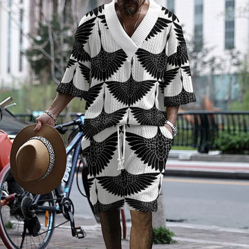 2024 New Summer Men's Set Loose Casual Sports Suit High-quality Jacquard V-neck Short-sleeved Shorts Two-piece Men's Clothing