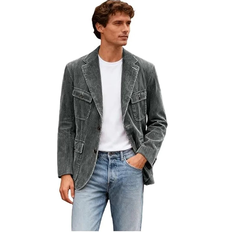 Vintage Men's Corduroy Casual Blazer Slim Fit Solid Color Black Brown Fashion Single Breasted Outerwear Customized Male's Jacket
