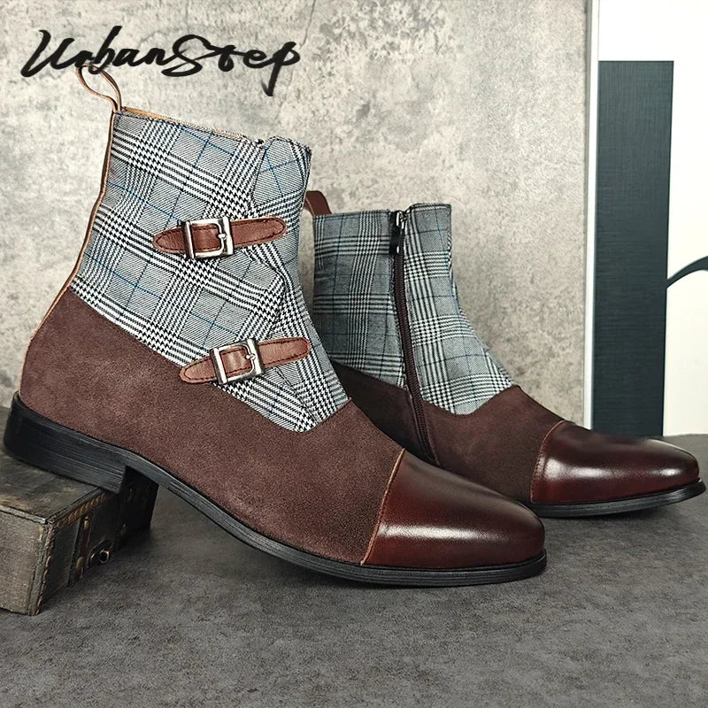 Luxury Men's Boots High top Zipper Ankle Boots Buckle Strap Casual Mens Dress Shoes Blue Mix Brown Genuine Leather Boots Men