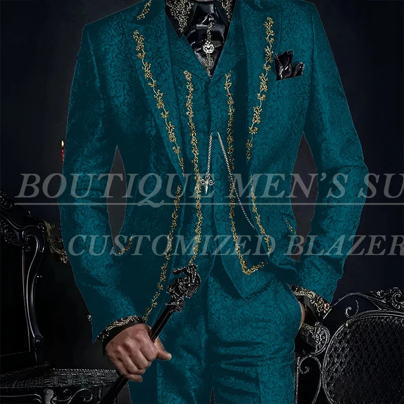 Elegant Black Jacquard Men Suits Embroidery Single Breasted Slim Fit 3 Piece Jacket Pants Vest Male Clothing Blazer Terno 2024
