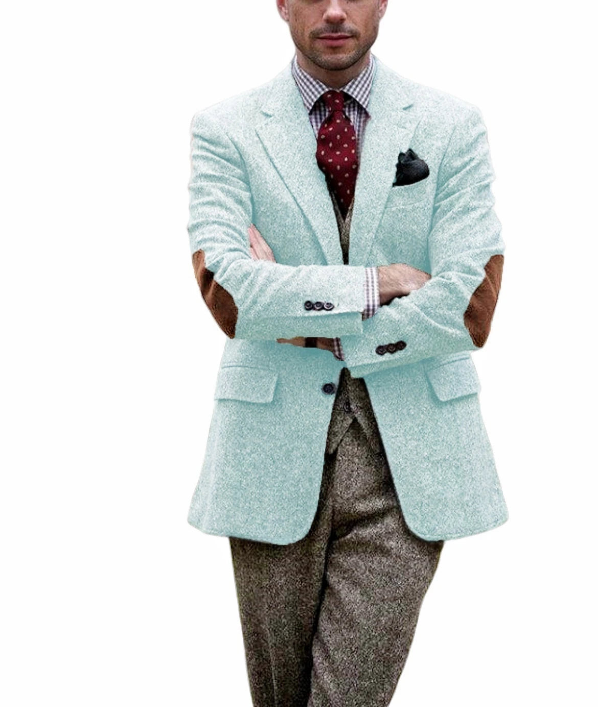 Men's Tweed Blazer Notched Lapel Wool Blend With Elbow Patches Casual Suit Jacket For Business Wedding Daily Wear Party