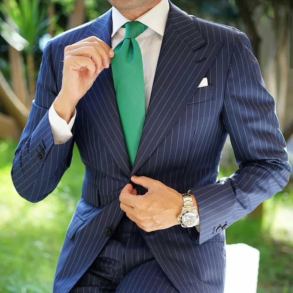 Hot Sale Navy Pinstripe Men's Suits Fashion Peaked Lapel Two Button Groom Wedding Business Prom Party Male Suit (Jacket+Pants)
