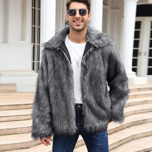 PFHQ Men's Short Imitation Fur Jacket 2024 Solid Color Long Sleeve Turn-down Collar Warm Casual Male Tops New Fashion 21Z7153