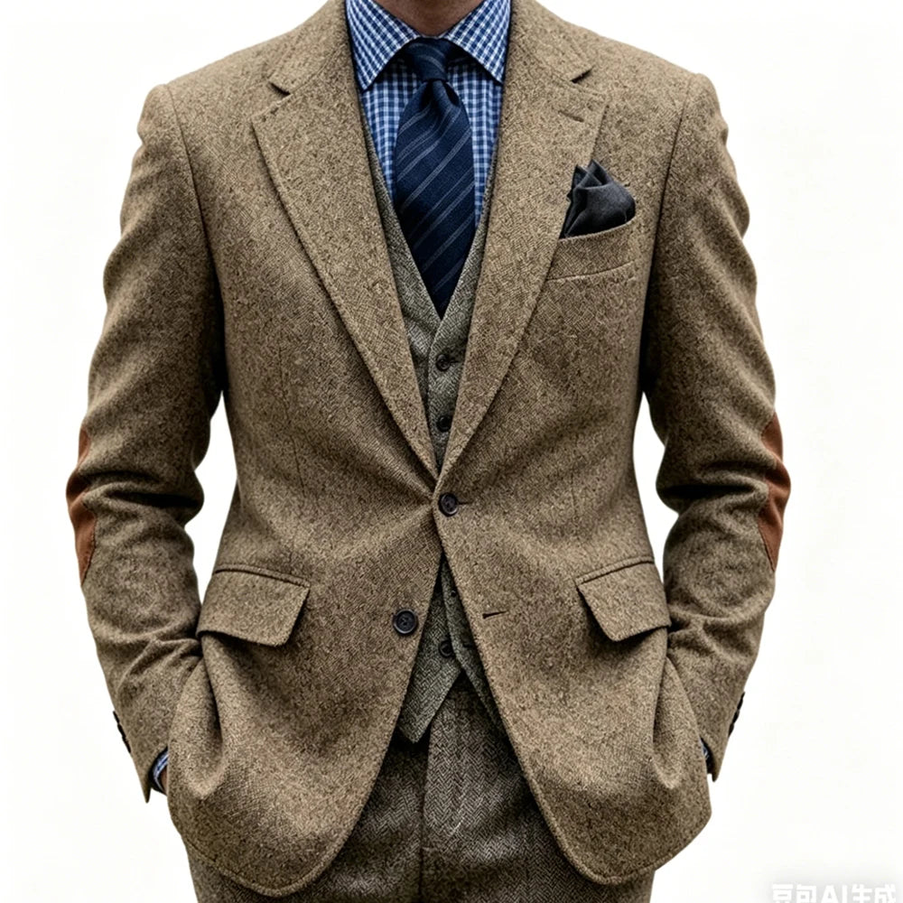 Men's Tweed Blazer Notched Lapel Wool Blend With Elbow Patches Casual Suit Jacket For Business Wedding Daily Wear Party