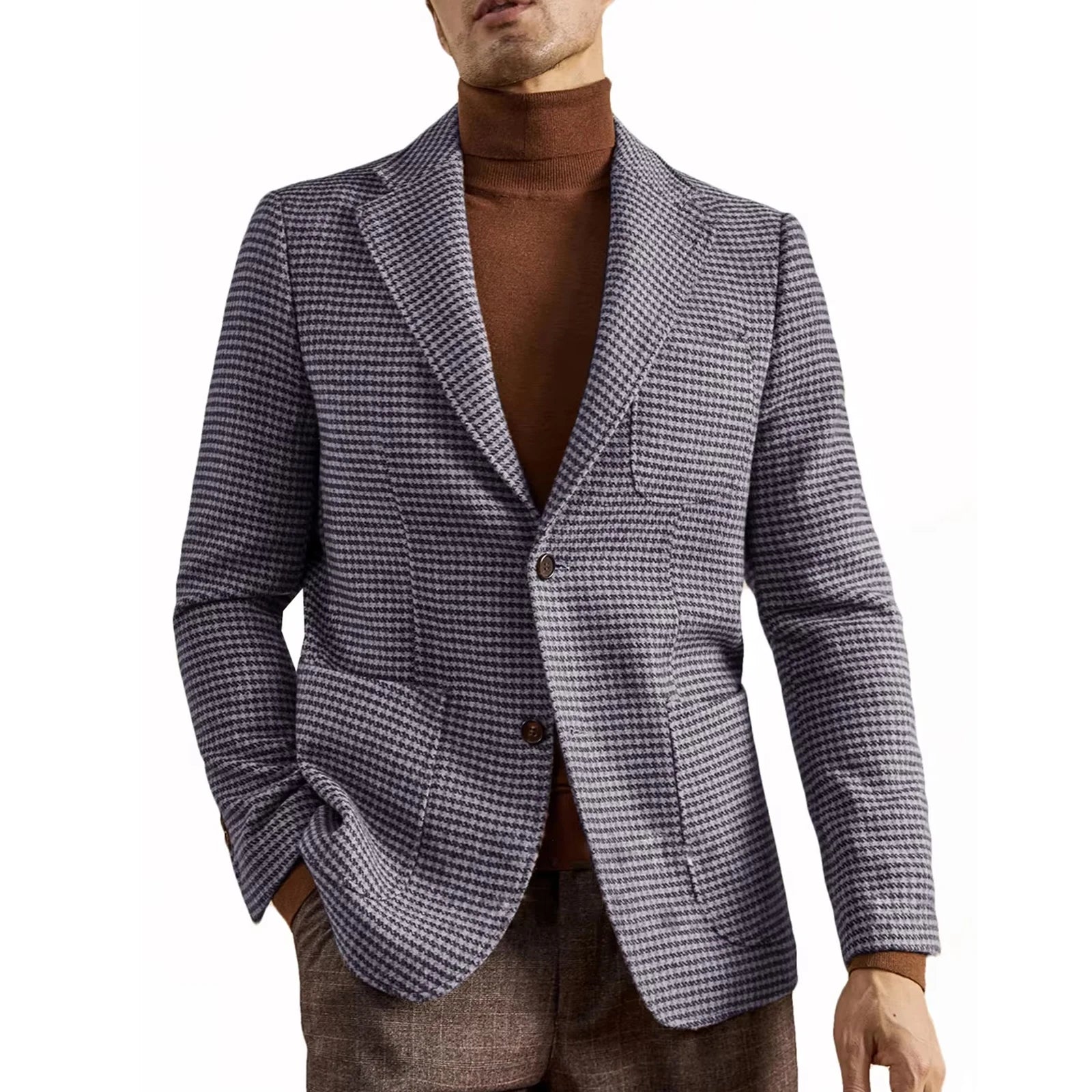 Men's Houndstooth Blazer Luxury Peak Lapel Slim Fit Wool Blend Suit Jacket For Classic Business Casual Fall Winter with Pockets