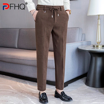 PFHQ Winter Solid Color Woolen Pants Rope Casual Solid Color Pleated 2024 Korea Fashion Male Trousers Loose 21Z7511