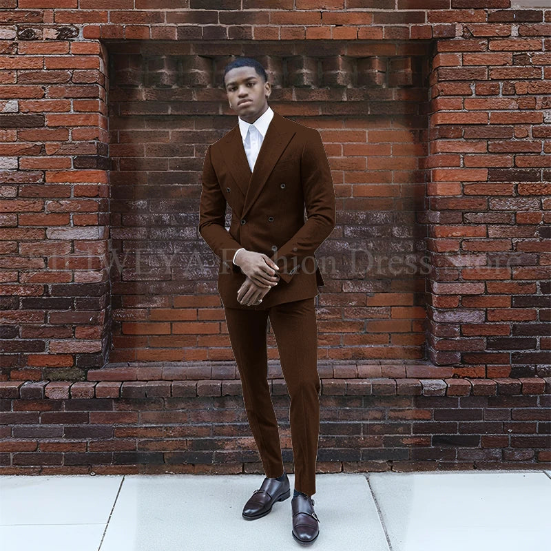 Grey Double Breasted Men's Suit 2 Pieces Jacket Pants Business Casual High Quality Office Stylish Male Clothing