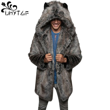 Men's Faux Fur Coat Long Sleeve Hooded Thick Warm Jackets Male Plush Fluffy Cardigan Casual Parka Snow Wear Winter Fur Coat 512